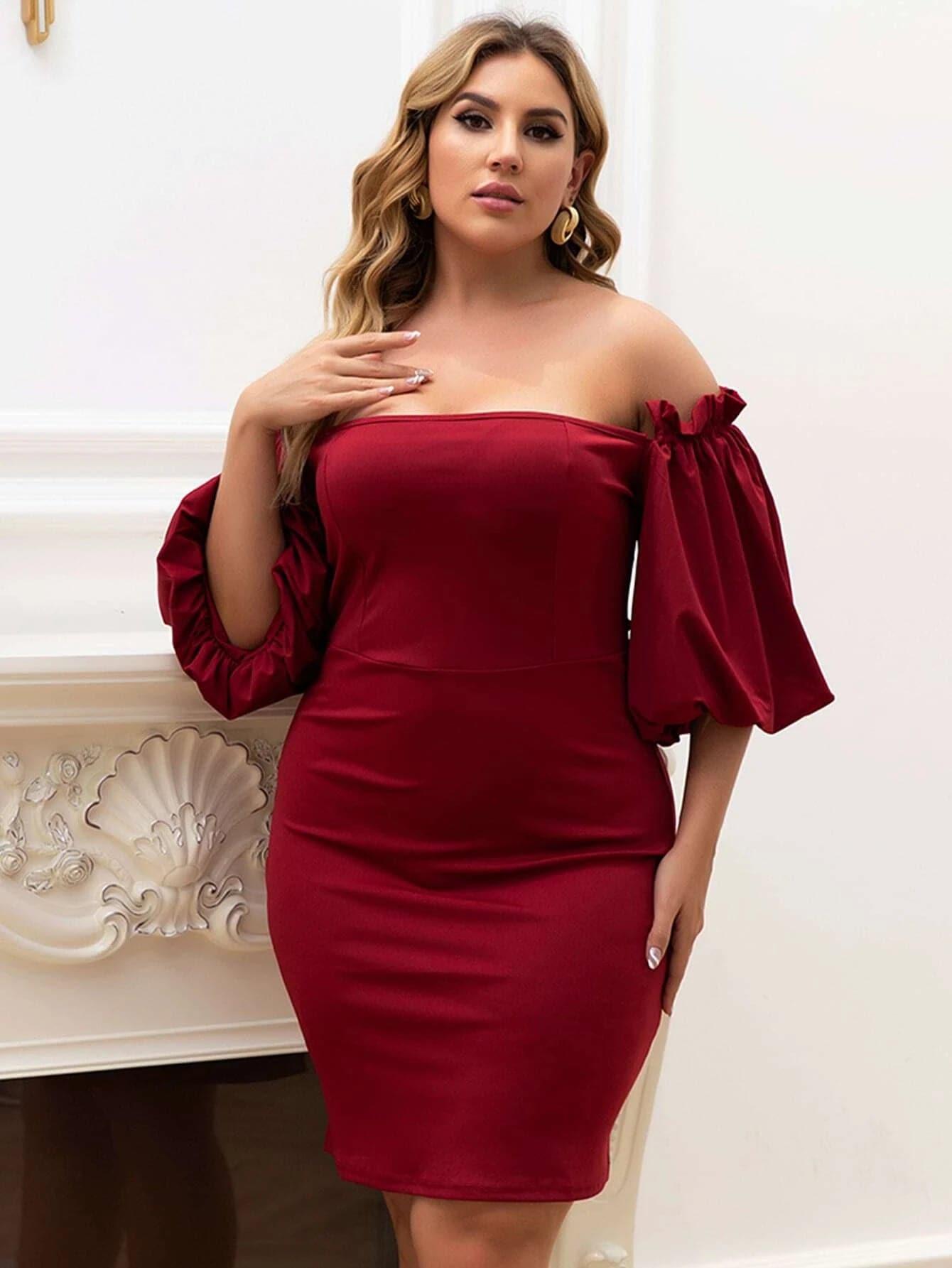 Mini dresses with tiered skirts for added volume Plus Size Off Shoulder Bishop Sleeve Mini Satin DarkRed Prom Dress P0052 Mini dresses with tiered skirts for added volume Plus Size Off Shoulder Bishop Sleeve Mini Satin DarkRed Prom Dress P0052