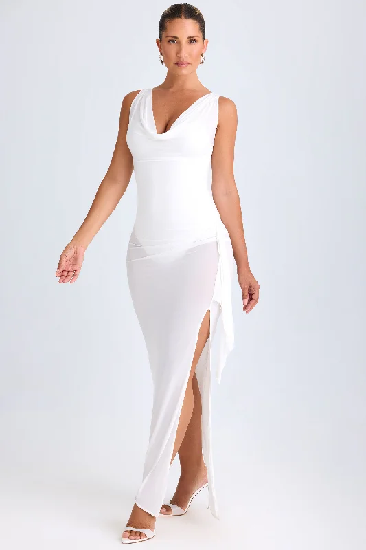 Midi dresses with animal prints for a bold and confident appearance Ruffle-Trim Cowl-Neck Midaxi Dress in White Midi dresses with animal prints for a bold and confident appearance Ruffle-Trim Cowl-Neck Midaxi Dress in White