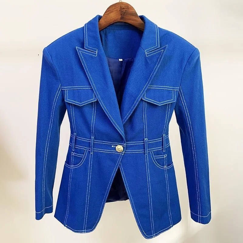 Single - Breasted Women's Linen Blend Blazers in Earth Tones for Casual WearStitched Denim Blazer Women - Casual - Plain-Solid Single - Breasted Women's Linen Blend Blazers in Earth Tones for Casual WearStitched Denim Blazer Women - Casual - Plain-Solid