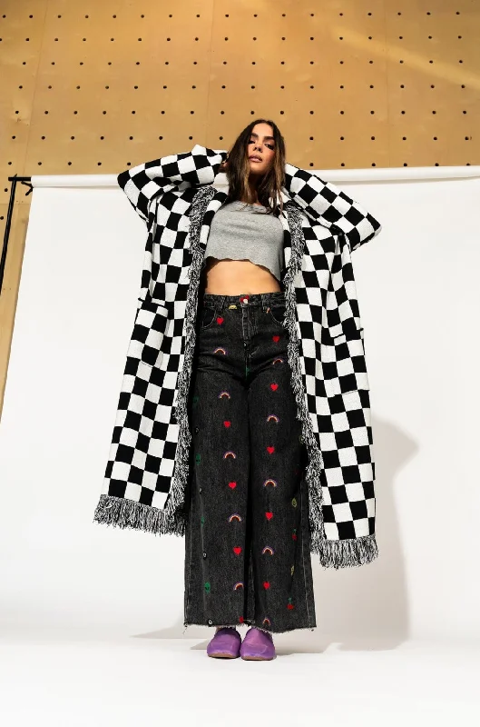 open front women cardigan for easy stylingopen front women cardigan for easy stylingLuxe Fringe Blanket Cardigan in Black + White Check
