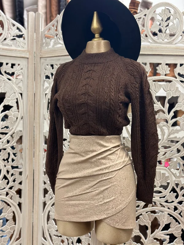 Plus Size Women's Ruffled Hem Sweaters in Floral PrintsBrown Mock Neck Cable Knit Sweater Plus Size Women's Ruffled Hem Sweaters in Floral PrintsBrown Mock Neck Cable Knit Sweater