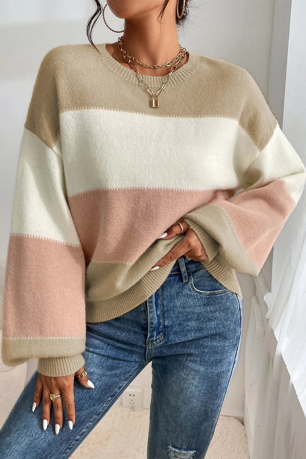 Mock Neck Women's Alpaca Wool Sweaters in Earth TonesColor Block Round Neck Lantern Sleeve Sweater Mock Neck Women's Alpaca Wool Sweaters in Earth TonesColor Block Round Neck Lantern Sleeve Sweater