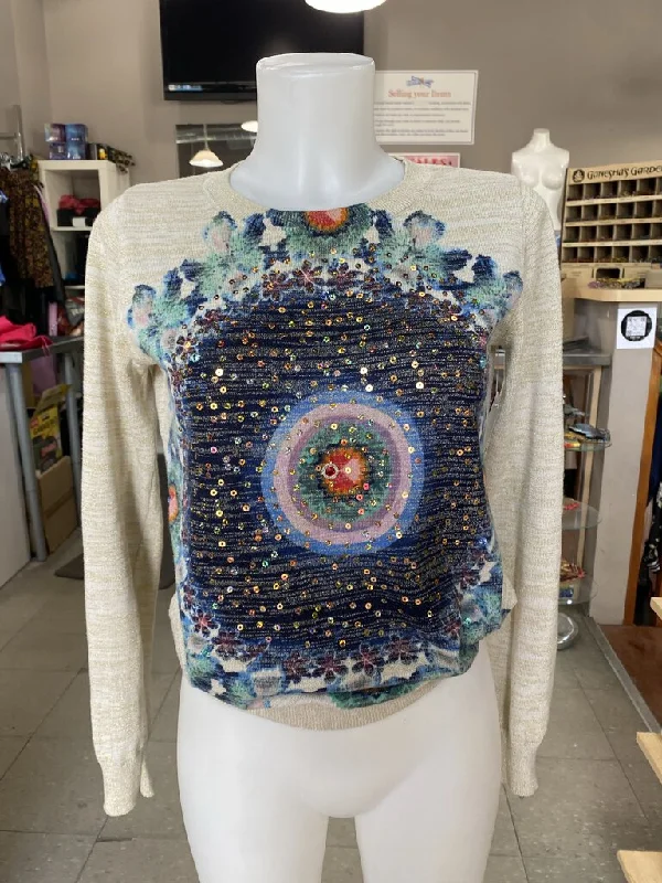Short Sleeve Women's Cotton Blend Sweaters in Pastel ColorsDesigual metallic fibre sequin print light knit sweater S Short Sleeve Women's Cotton Blend Sweaters in Pastel ColorsDesigual metallic fibre sequin print light knit sweater S