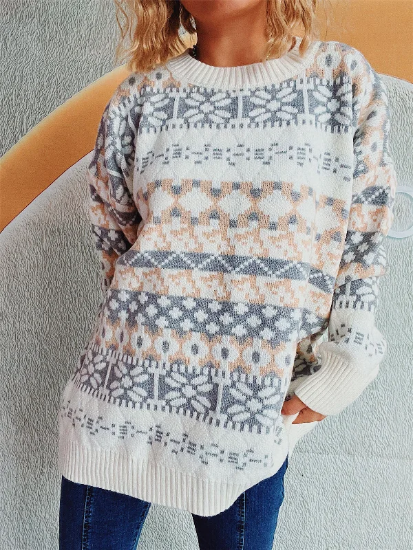 Bell - Sleeve Women's Mohair - Wool Blend SweatersGeometric Round Neck Dropped Shoulder Sweater Bell - Sleeve Women's Mohair - Wool Blend SweatersGeometric Round Neck Dropped Shoulder Sweater