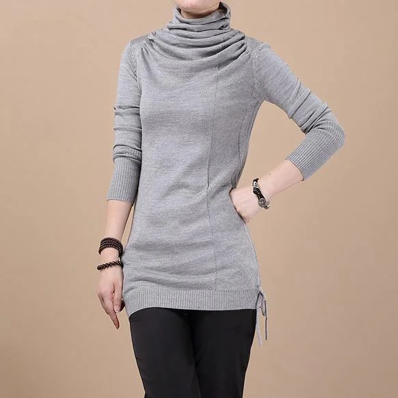 High - Low Hem Women's Cashmere - Blended SweatersGray Tunic drawstring knitted sweater High - Low Hem Women's Cashmere - Blended SweatersGray Tunic drawstring knitted sweater