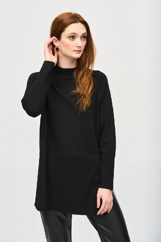 Open - Front Women's Cardigan - Style Mohair SweatersJoseph Ribkoff Black Sweater Knit Mock Neck Tunic Open - Front Women's Cardigan - Style Mohair SweatersJoseph Ribkoff Black Sweater Knit Mock Neck Tunic