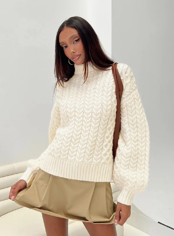 Plus Size Women's Ruffled Hem Sweaters in Floral PrintsJudson Roll Neck Cable Knit Sweater Cream Plus Size Women's Ruffled Hem Sweaters in Floral PrintsJudson Roll Neck Cable Knit Sweater Cream