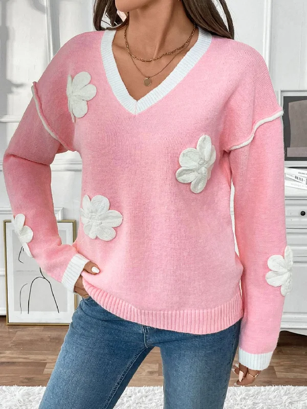 V - Neck Women's Ribbed Wool Sweaters for FallPerfee Flower V-Neck Long Sleeve Sweater