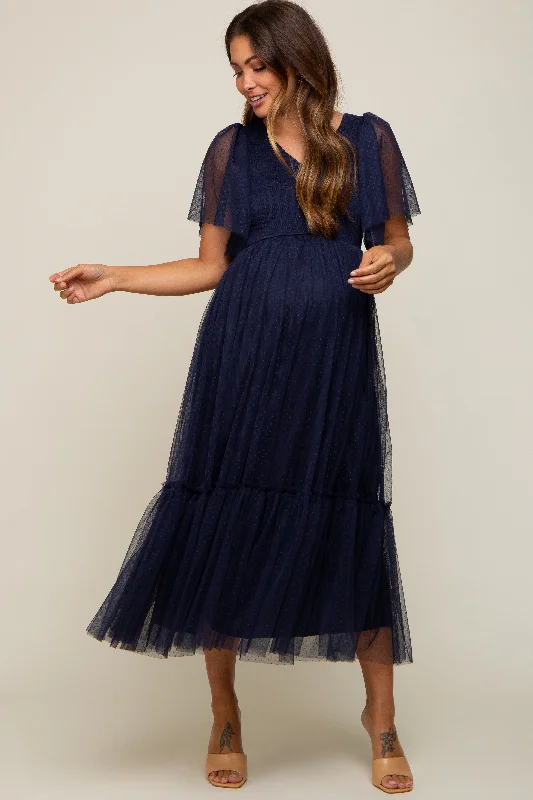 Midi dresses with belted waists to accentuate the figureNavy Blue Dotted Tulle Smocked Maternity Midi Dress Midi dresses with belted waists to accentuate the figureNavy Blue Dotted Tulle Smocked Maternity Midi Dress