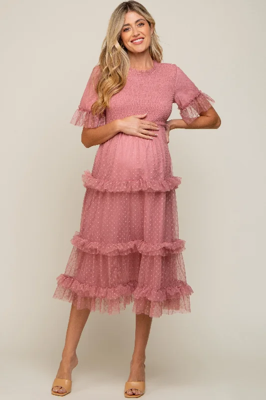 Midi dresses with one - shoulder designs for a modern and asymmetric stylePink Polka Dot Tulle Smocked Maternity Midi Dress Midi dresses with one - shoulder designs for a modern and asymmetric stylePink Polka Dot Tulle Smocked Maternity Midi Dress
