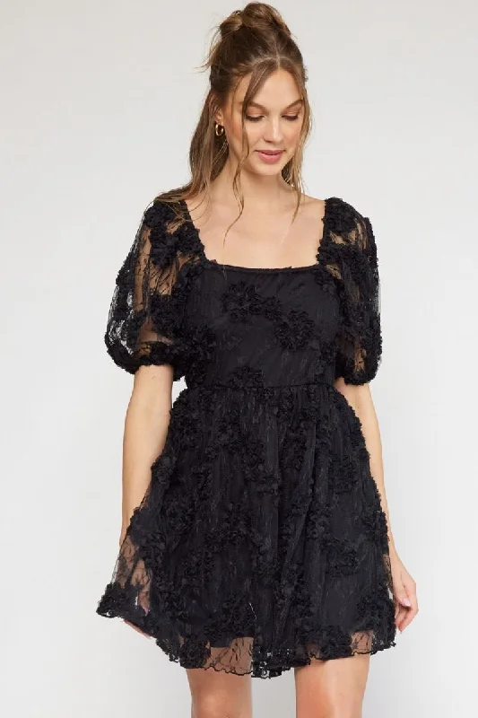 Ruffled mini dresses for a romantic touchFloral Applique Square Neck Puff Sleeve Black Mini Dress by Entro Clothing Ruffled mini dresses for a romantic touchFloral Applique Square Neck Puff Sleeve Black Mini Dress by Entro Clothing