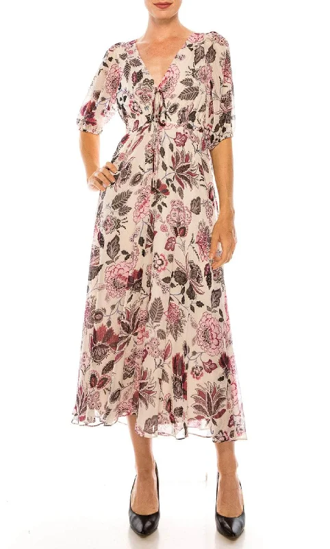 Satin - lined cocktail dresses with a lace outer layerMaison Tara 91667M - Printed Long V Neck Dress Satin - lined cocktail dresses with a lace outer layerMaison Tara 91667M - Printed Long V Neck Dress