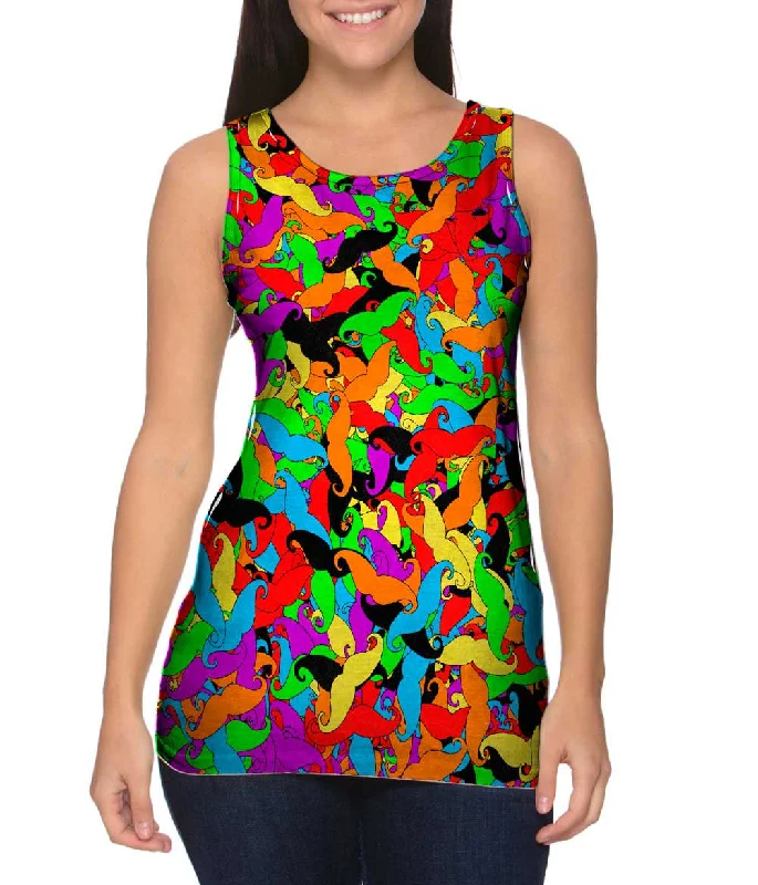 Women's Button - Down Tank Tops in Striped PatternsMoustache Hipster Ride Colorful